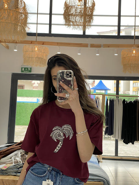 Bordo Taş İşlemeli Palm Tişört
