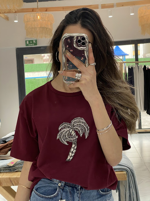 Bordo Taş İşlemeli Palm Tişört
