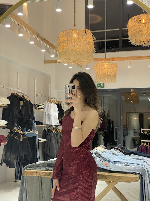 Bordo Tek Omuz Payetli Abiye Elbise