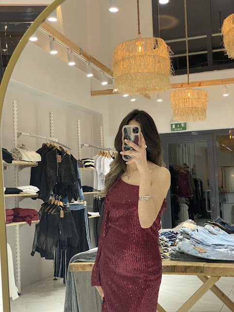 Bordo Tek Omuz Payetli Abiye Elbise