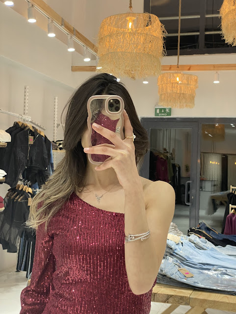 Bordo Tek Omuz Payetli Abiye Elbise