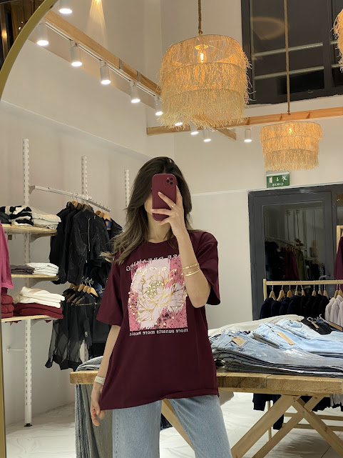 Bordo Baskılı Oversize Tişört