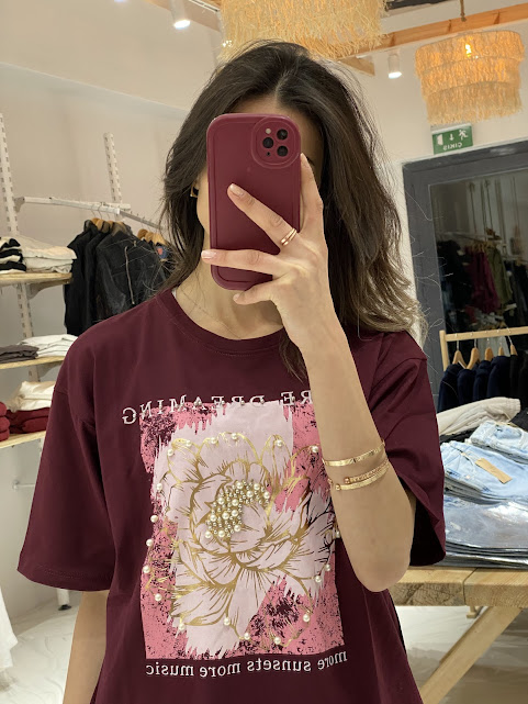 Bordo Baskılı Oversize Tişört