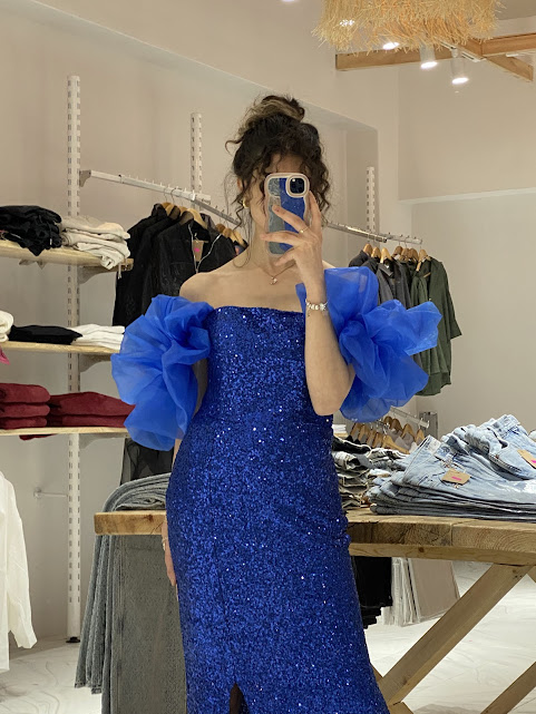 Saks Mavi Payetli Tül Kollu Abiye Elbise