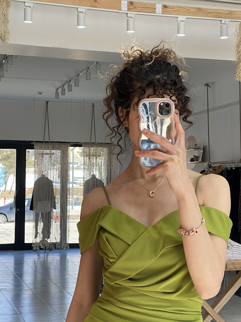 Yeşil Off Shoulder Drapeli Abiye Elbise