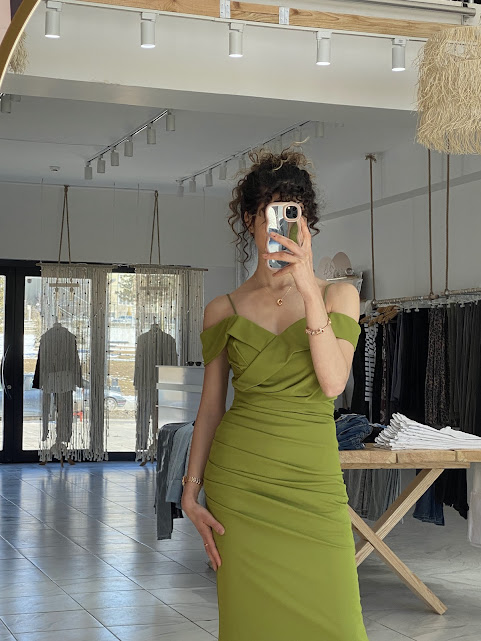 Yeşil Off Shoulder Drapeli Abiye Elbise