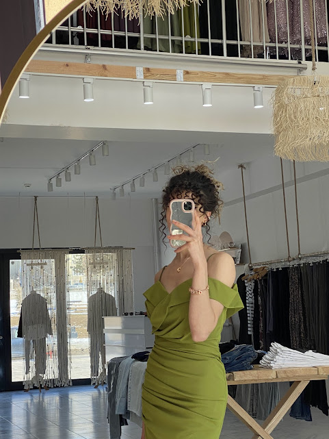 Yeşil Off Shoulder Drapeli Abiye Elbise