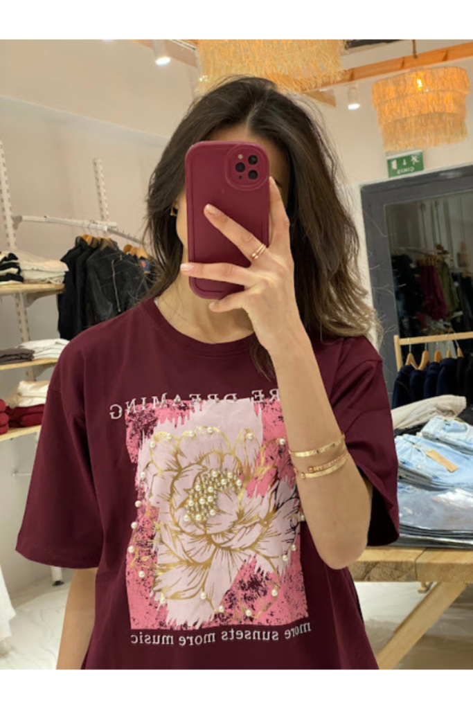 Bordo İncili Baskılı Tişört