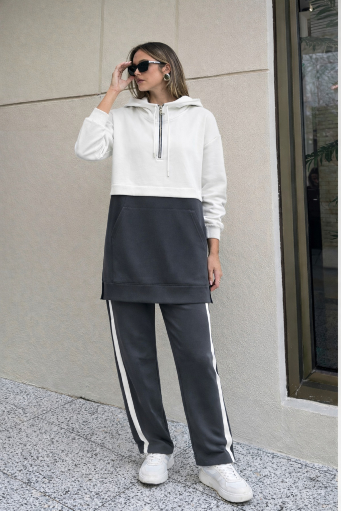 Ekru & Antrasit Yarım Fermuarlı Oversize İkili Takım