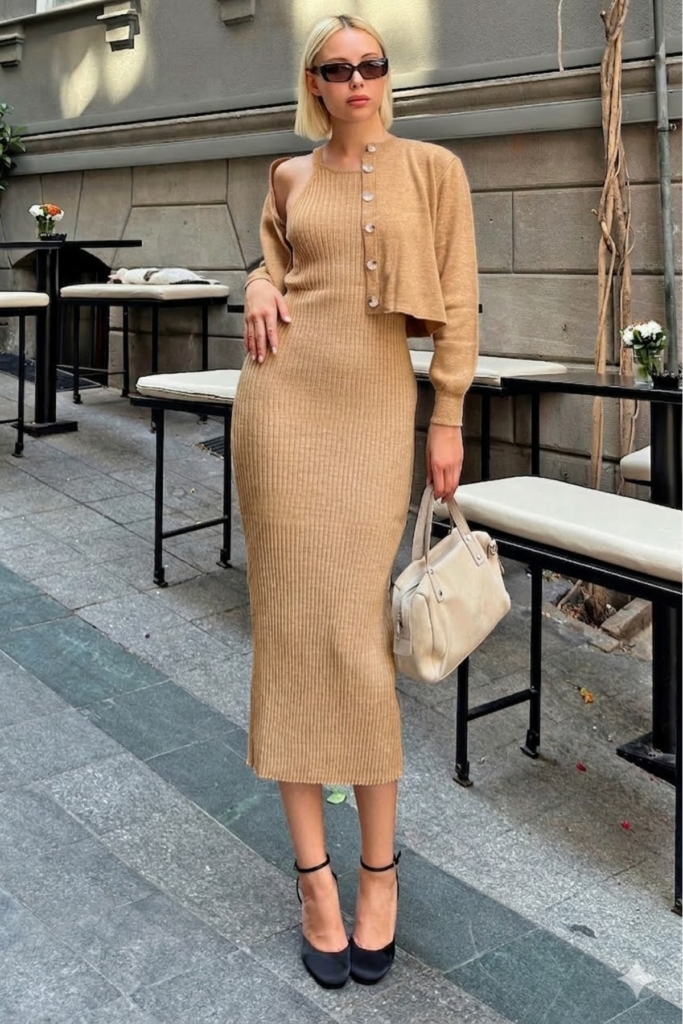 Fitilli Triko Elbise & Hırka Takımı
