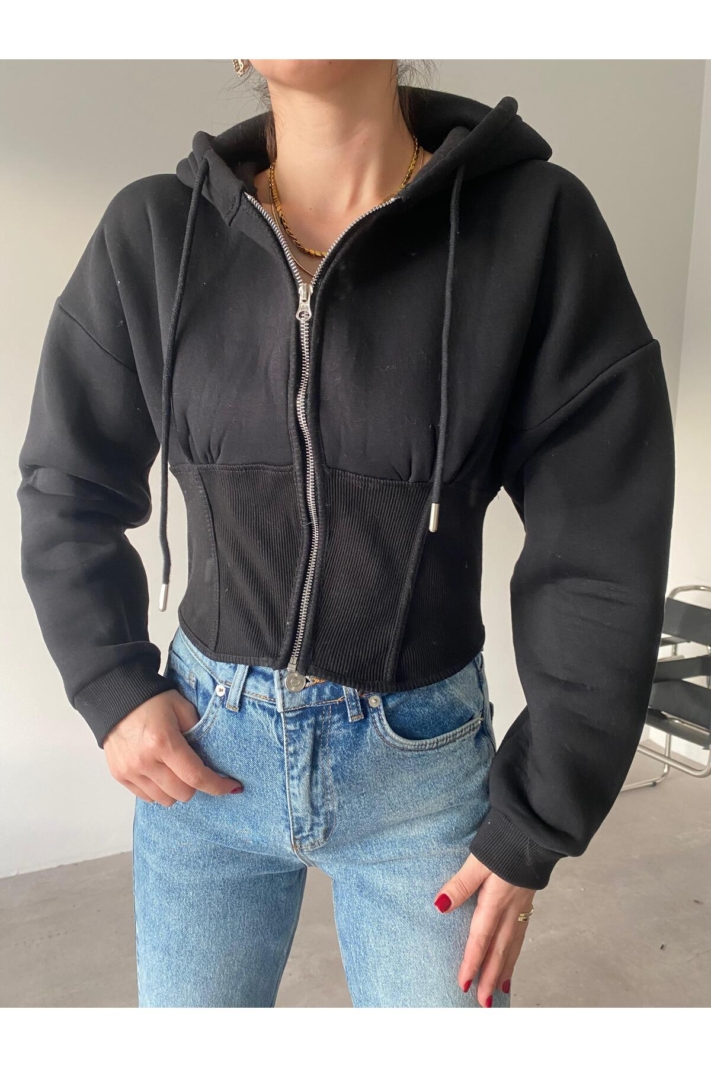 Koyu Gri Korse Detaylı Fermuarlı Kapüşonlu Sweatshirt