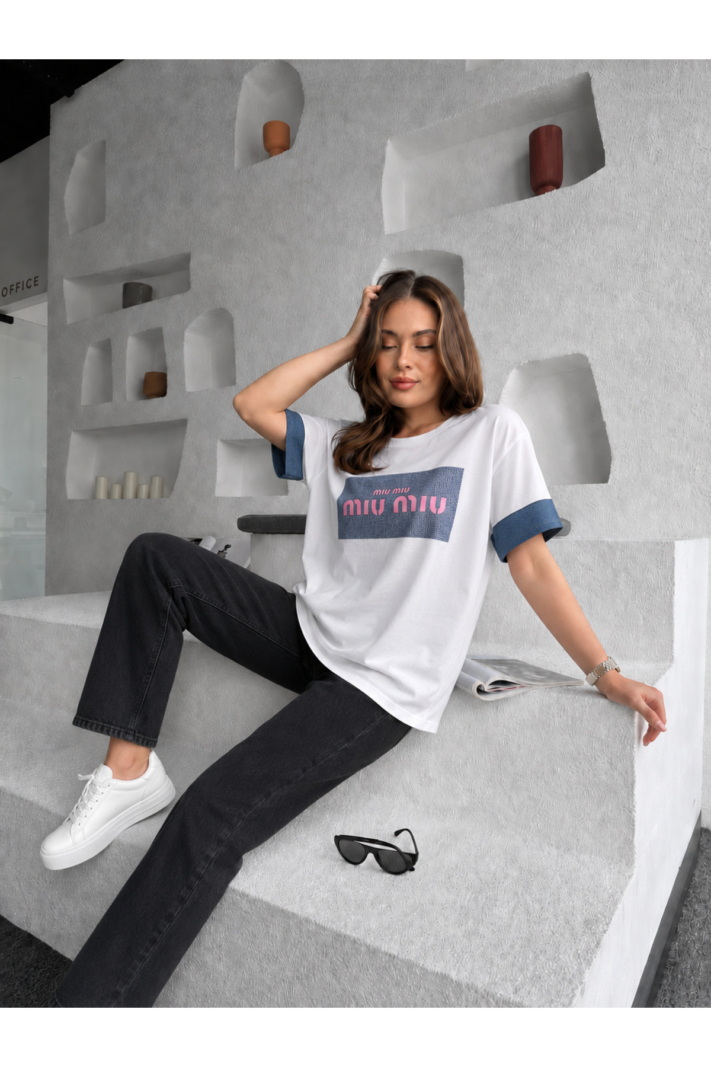 Denim Manşet Detaylı Baskılı Oversize Tişört Beyaz