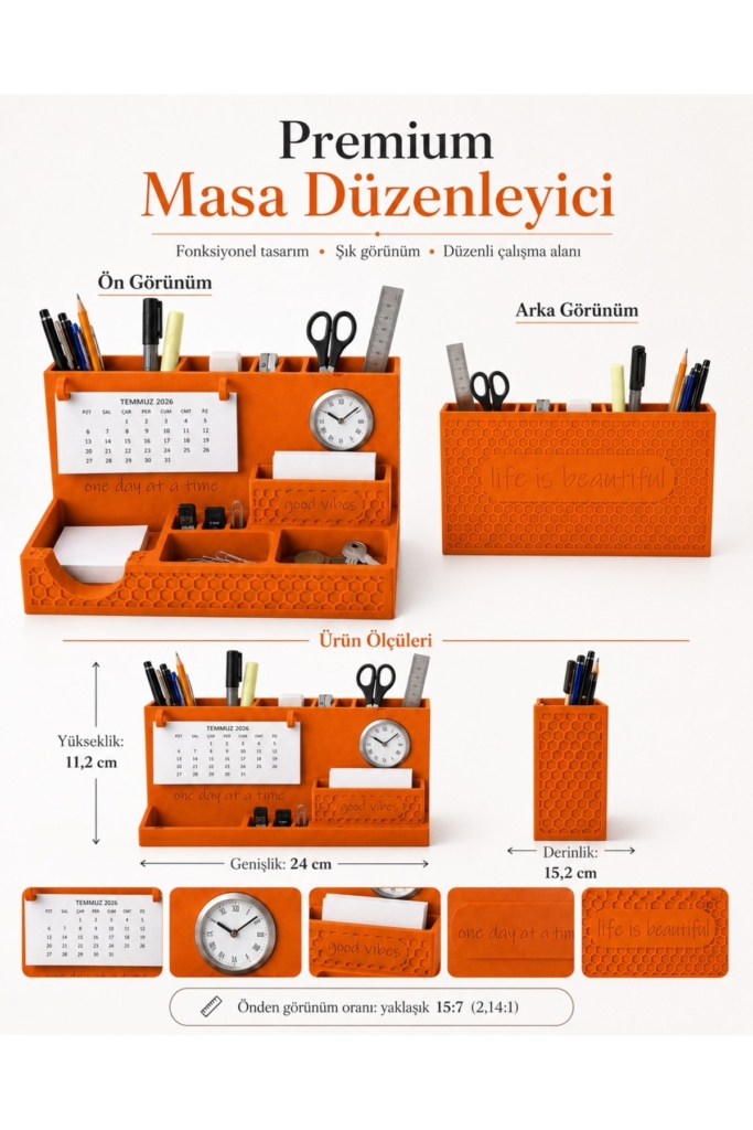 Masaüstü Organizer Saatli Takvimli Kalemlik Not Kağıtlıklı Kartvizitlik Ofis Masa Düzenleyici
