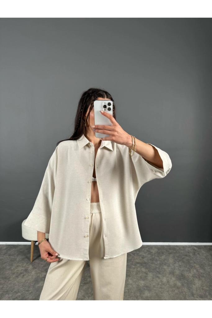 Oversize Keten Görünümlü Gömlek – Ekru