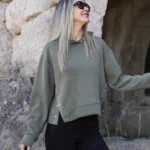 Haki Çıtçıt Detaylı Kapüşonlu Sweatshirt