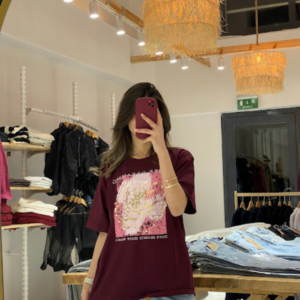 Bordo İncili Baskılı Tişört