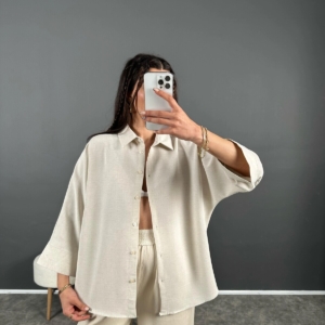 Oversize Keten Görünümlü Gömlek – Ekru