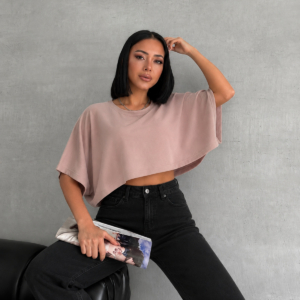Yarasa Kol Crop Bluz Pudra