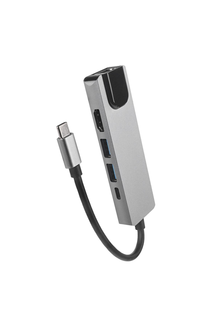 HY USBC80 Type C Hub Adaptör HDMI 4K 2x USB 3.0 PD Gigabit Ethernet Gri Metal