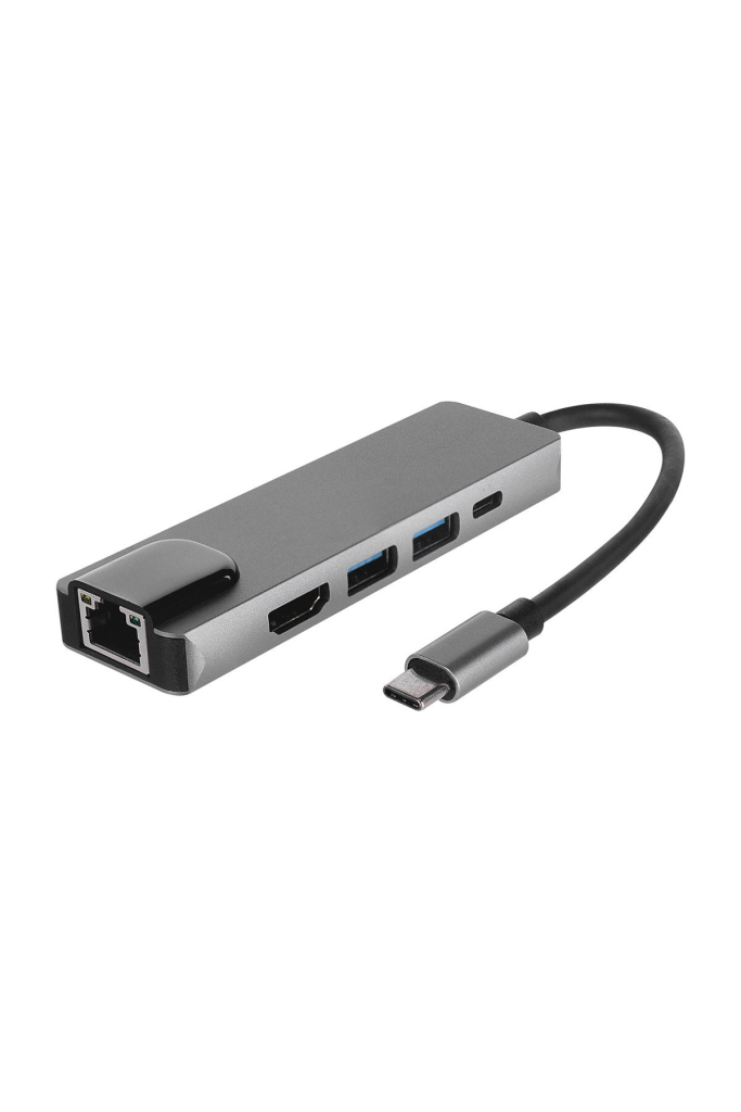 HY-USBC80 Type-C Hub Adaptör HDMI 4K 2x USB 3.0 PD Gigabit Ethernet Gri Metal – ürün görseli 2