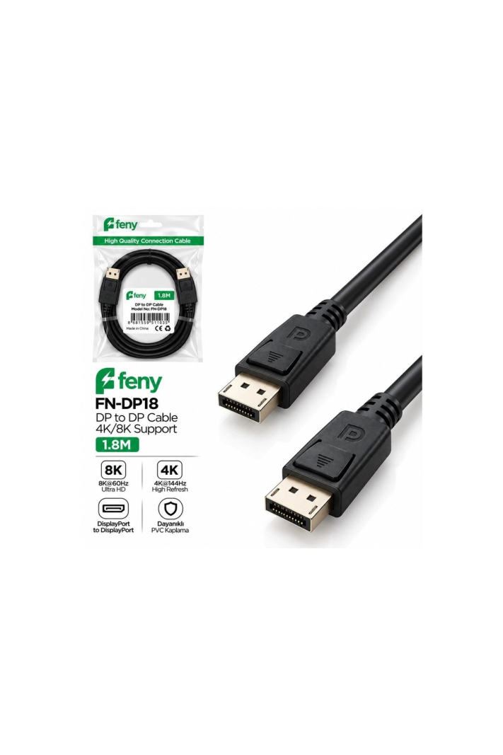 FN DP18 DisplayPort To DisplayPort Kablo 8K 60Hz 4K 144Hz 1.8 Metre Siyah